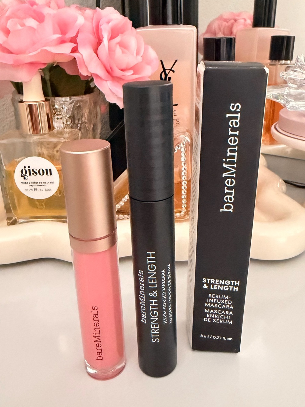 NEW Bundle bareMinerals Pink Lip Gloss & Black Strength & Length Mascara Duo